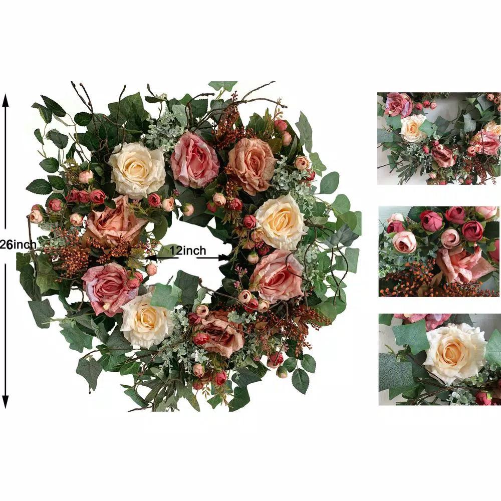 Glitzhome 26 in. Artificial Green Wreath with Roses, Eucalyptus, and Lambs Ear