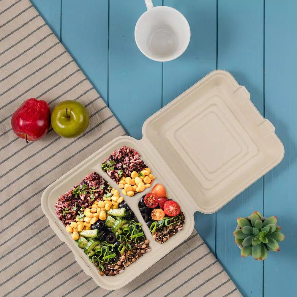 Unbranded 10 in. Natural Sugarcane 3-Compartment Clamshell Containers, 300 Pack