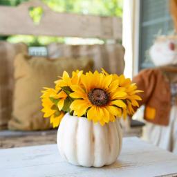 Flora Bunda 10 in. Artificial Yellow Sunflowers in 7 in. Plastic Foam Pumpkin Arrangement thumbnail 3