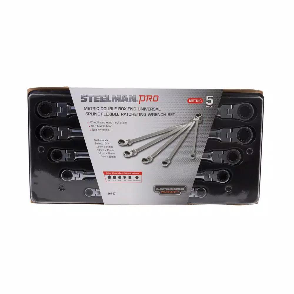 STEELMAN PRO 96747 Metric Flexible Double Box-End Universal Spline Ratcheting Wrench Set, 5-Piece