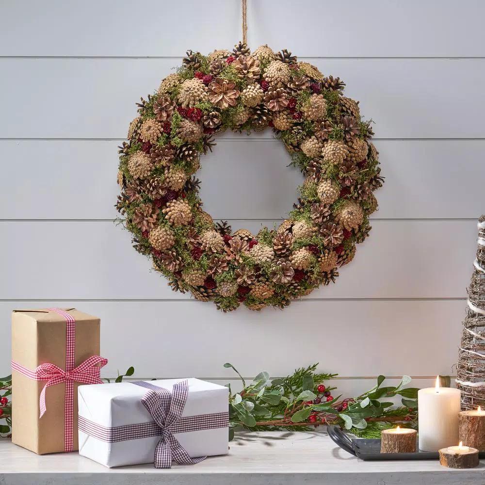 Noble House 18.5 in. Natural Brown Artificial Christmas Wreath with Pine Cones and Green Moss Accents