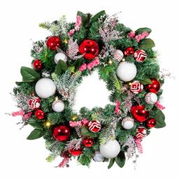 Village Lighting Company 30 in. Pre-Lit LED Nordic Red and White Christmas Wreath with Remote thumbnail 1
