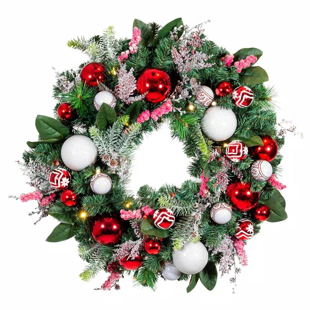 Village Lighting Company 30 in. Pre-Lit LED Nordic Red and White Christmas Wreath with Remote