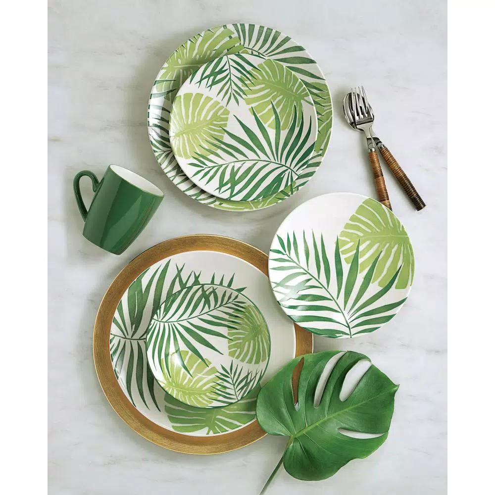 Thomson Pottery Palm Leaf 16-Piece Green Ceramic Stoneware Dinnerware Set, Service for 4