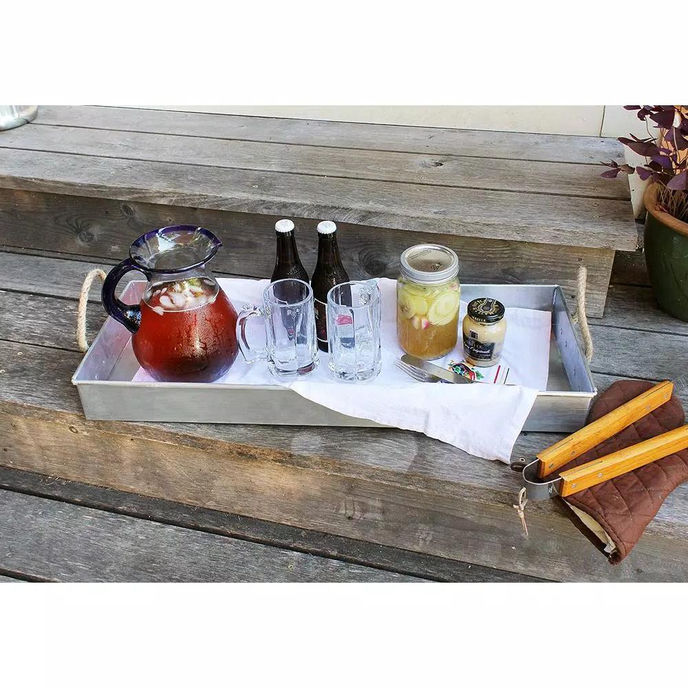 Achla Designs Galvanized Steel Serving Tray with Rope Handles, 28.25 in. x 10.25 in.