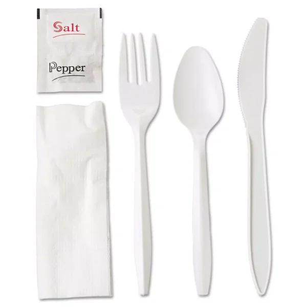 GEN White Plastic Wrapped Cutlery Kit with Napkin, Salt & Pepper - 250 Count