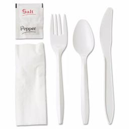 GEN White Plastic Wrapped Cutlery Kit with Napkin, Salt & Pepper - 250 Count thumbnail 1