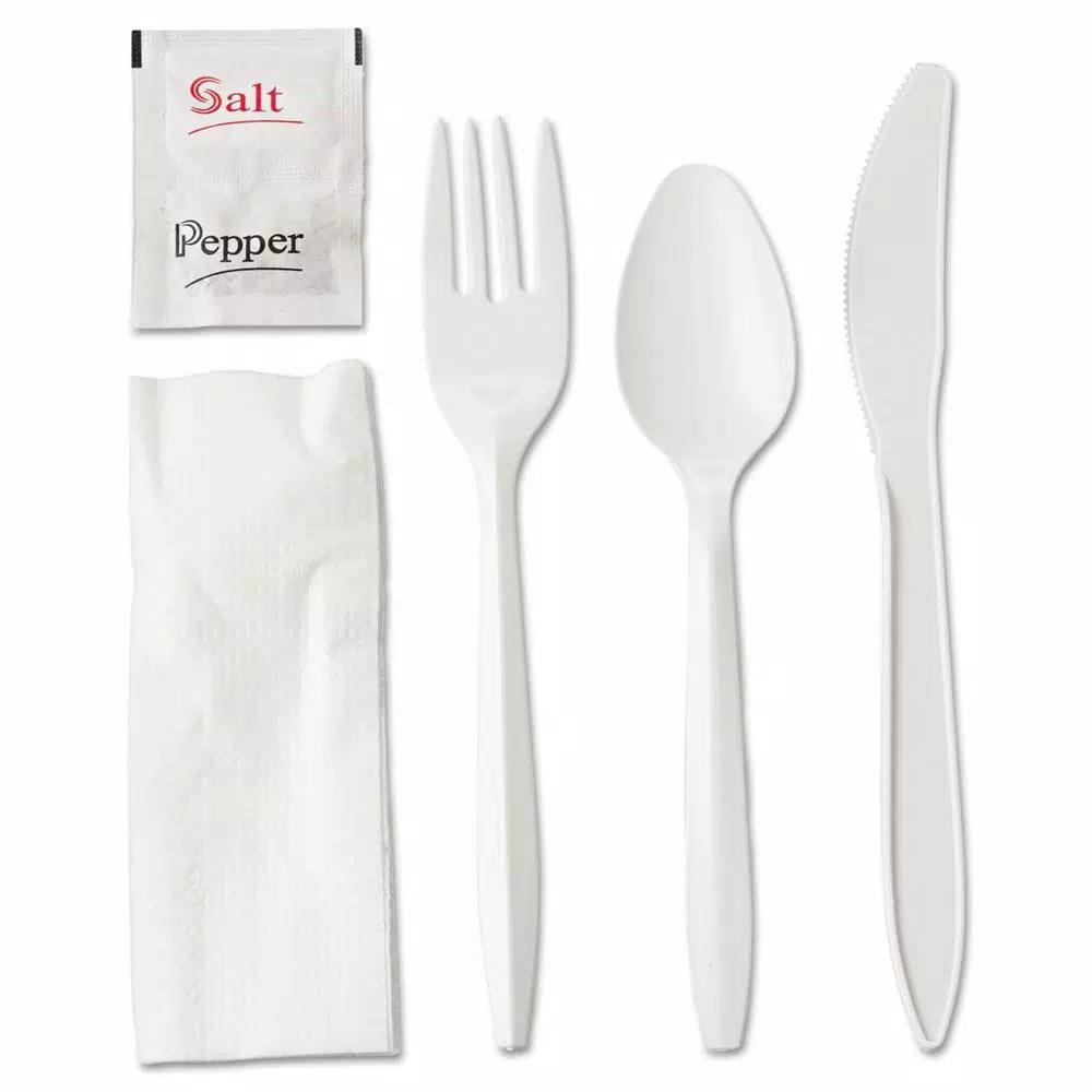 GEN White Plastic Wrapped Cutlery Kit with Napkin, Salt & Pepper - 250 Count