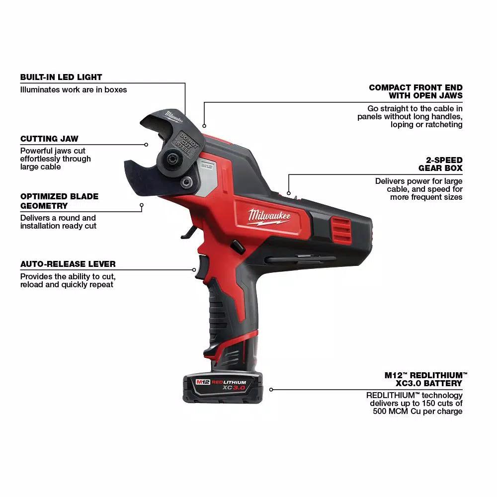 Milwaukee M12 12V Lithium-Ion Cordless 600 MCM Cable Cutter Kit with 3.0Ah Battery and Charger