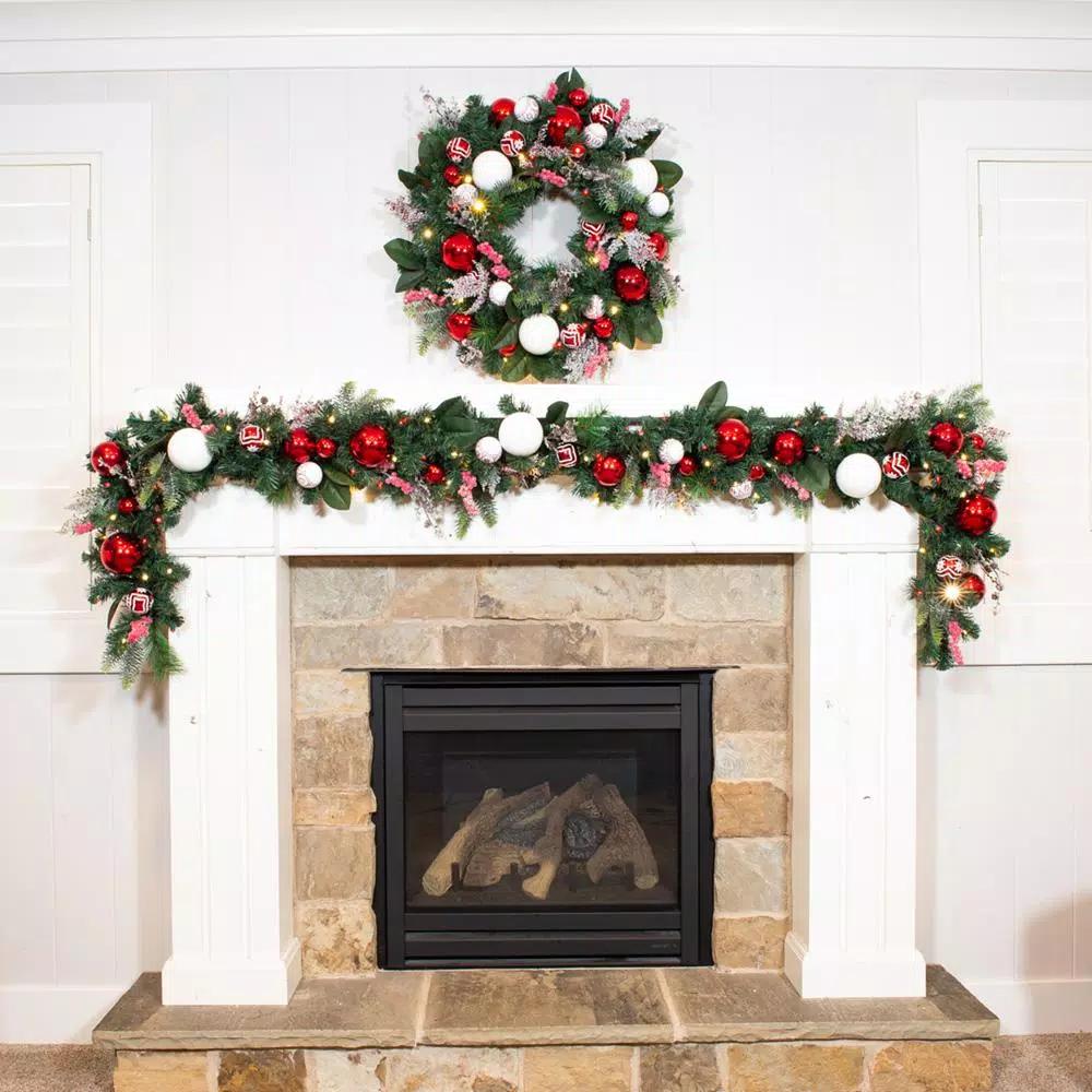 Village Lighting Company 30 in. Pre-Lit LED Nordic Red and White Christmas Wreath with Remote