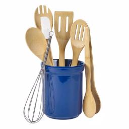 Basic Essentials 8-Piece Dark Blue Ceramic Kitchen Utensil Set with Bamboo Tools and Storage Crock thumbnail 1