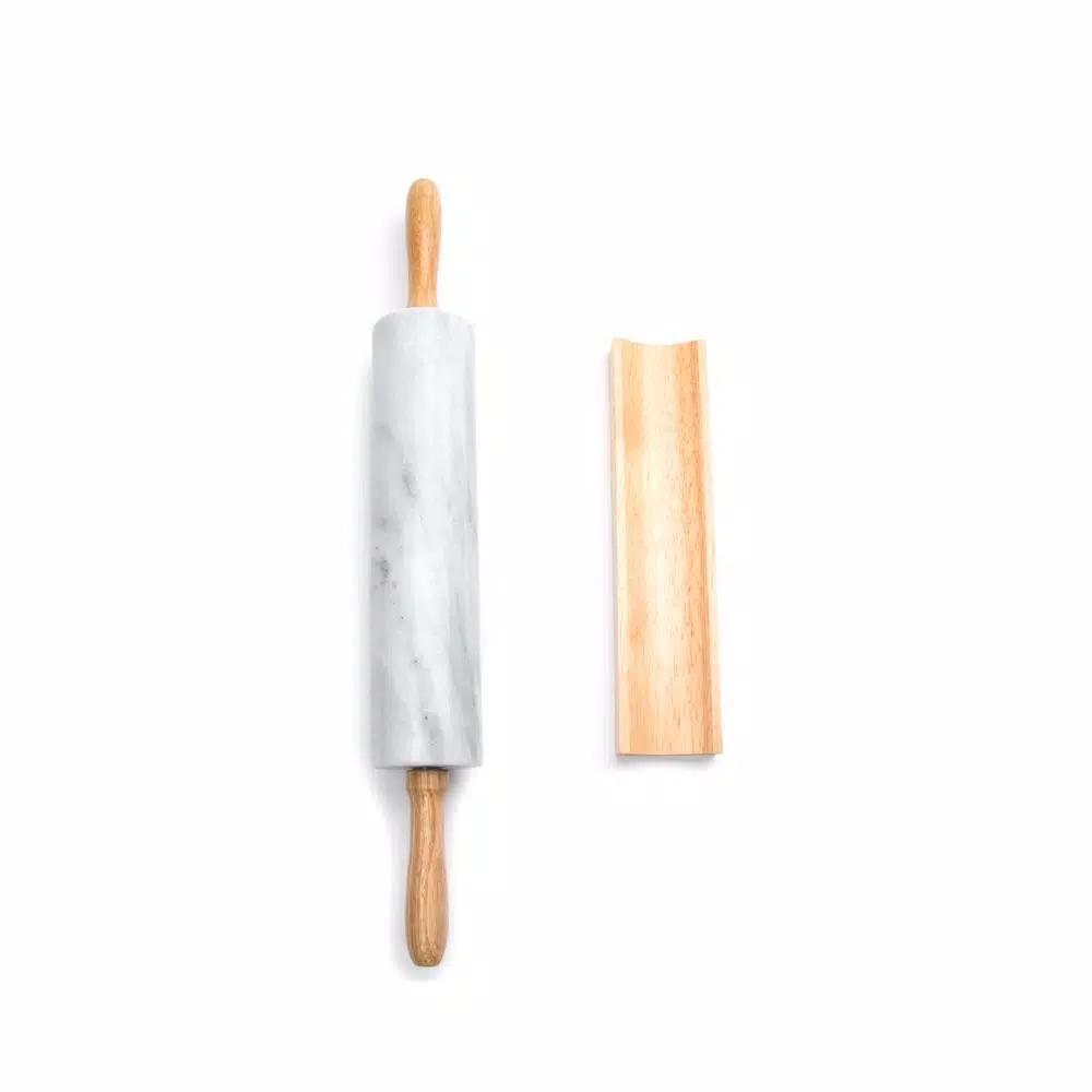 Fox Run White Marble Rolling Pin with Wooden Handles and Base