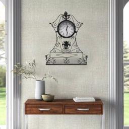 Benjara Epoch Black Metal Outdoor Clock with Scrollwork and Storage Base thumbnail 6