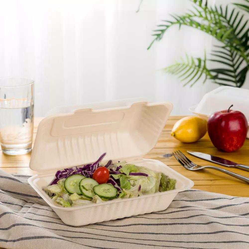 Unbranded 9 in. Natural Sugarcane Clamshell Containers, Biodegradable & Compostable (300 Pack)
