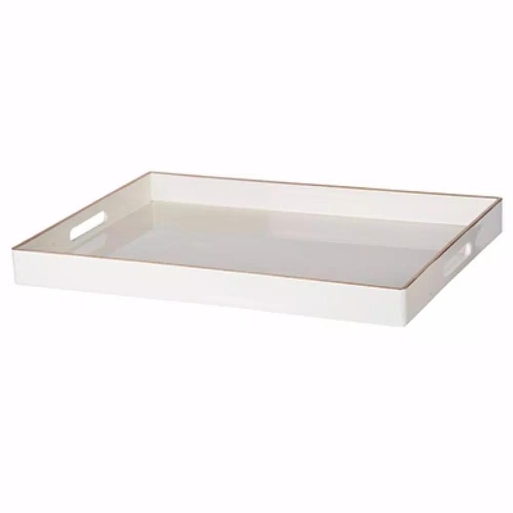 Benzara Mimosa Decor White Rectangle Serving Tray with Cutout Handles