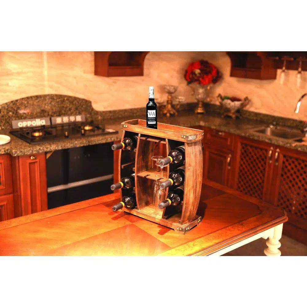 Vintiquewise Rustic Brown Wooden 8-Bottle Wine Rack with Decorative Wine Glass Holder