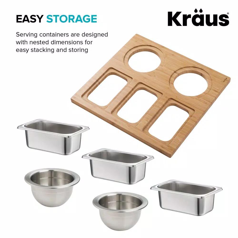 Kraus Workstation Kitchen Sink Accessory Set - Bamboo Serving Board & 5 Stainless Steel Prep Bowls