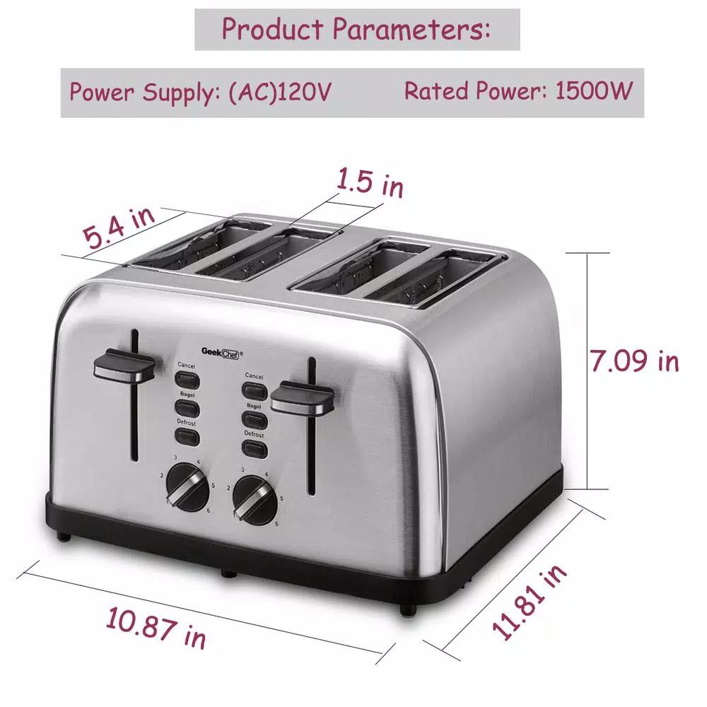 Boyel Living 1500W 4-Slice Wide Slot Toaster with Dual Independent Control Panels, Silver