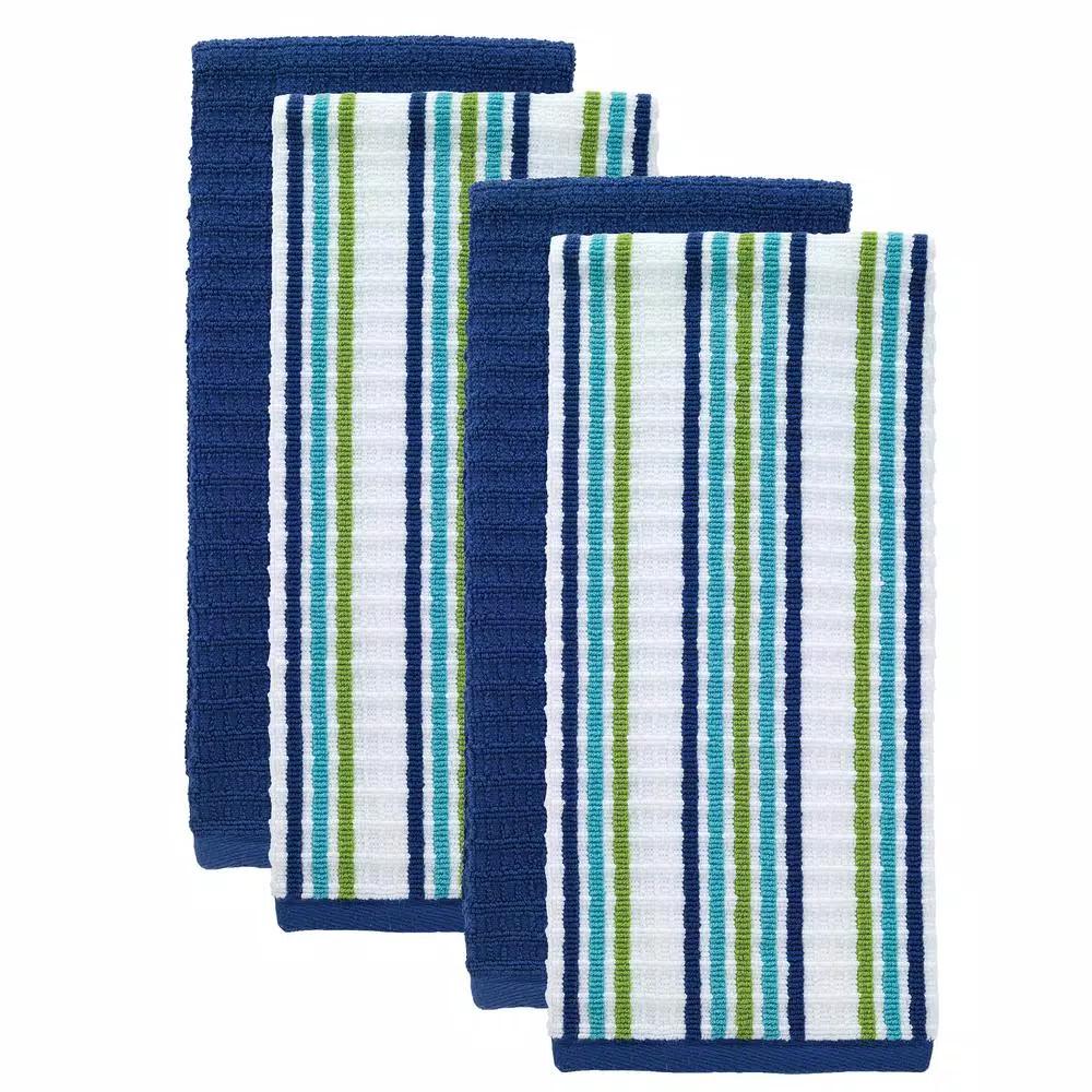 RITZ T-fal Blue Cotton Waffle Terry Kitchen Towel Set, Solid and Stripe (Set of 4)