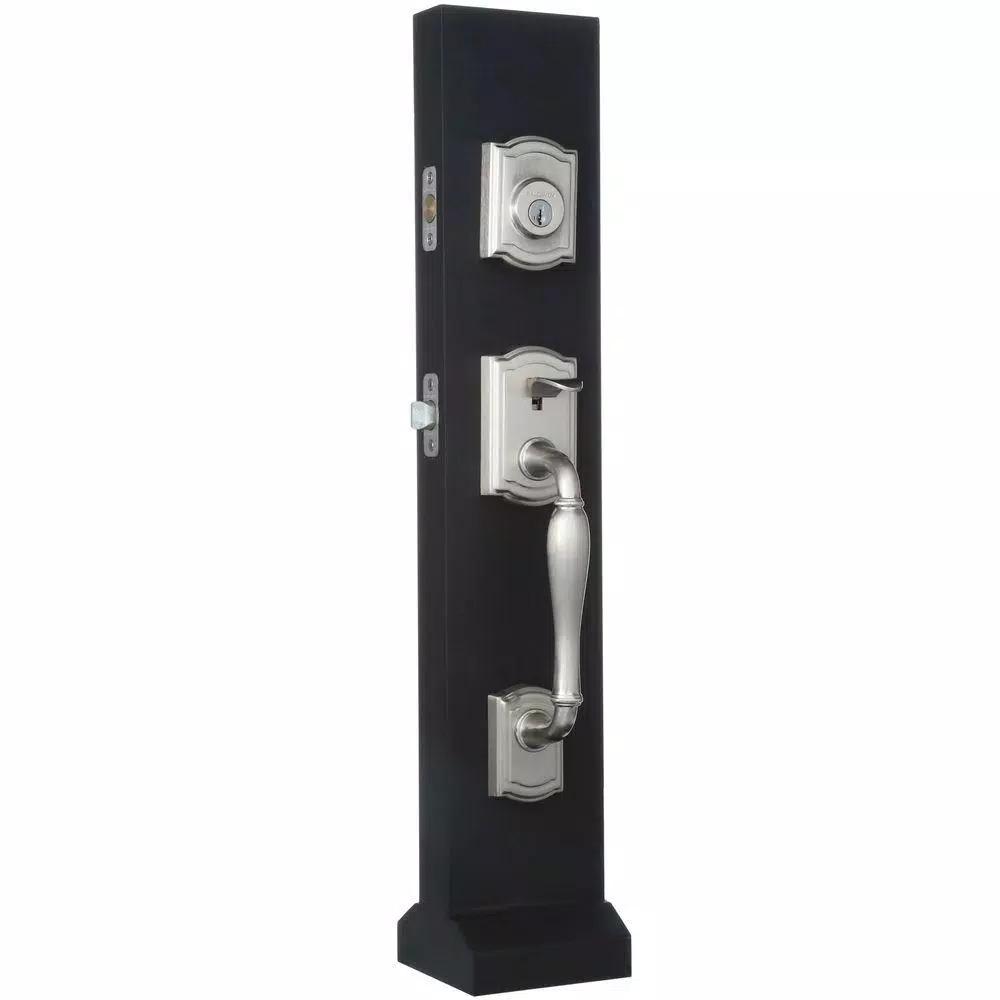 Baldwin Prestige Wesley Single Cylinder Satin Nickel Handleset with Arch Rose Carnaby Knob and SmartKey Security
