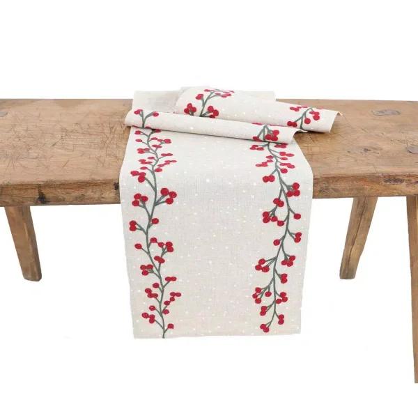 Manor Luxe Xia Home Fashions 16 x 36 in. Holly Berry Crewel Embroidered Christmas Table Runner, Natural