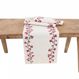 Manor Luxe Holly Berry Branch Crewel Embroidered Christmas Table Runner, Natural Linen Blend, 15 x 90 in. thumbnail 1