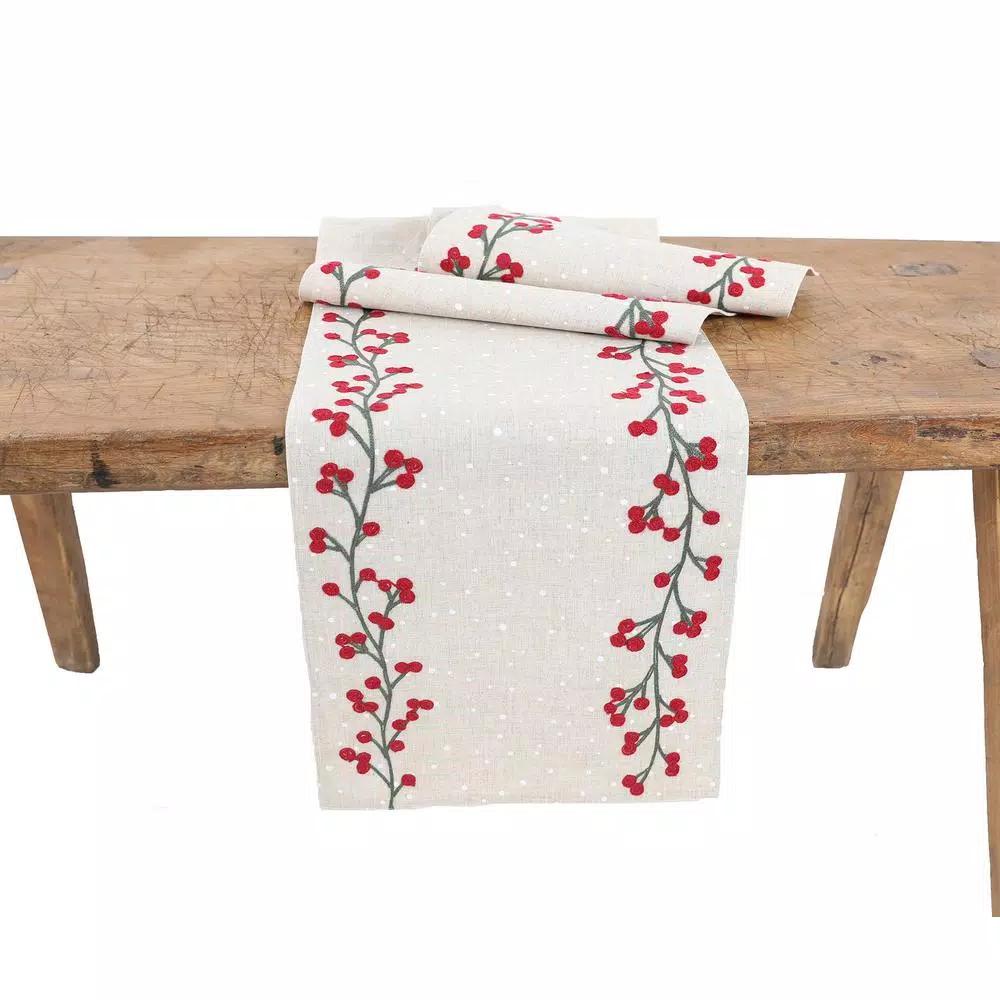 Manor Luxe Holly Berry Branch Crewel Embroidered Christmas Table Runner, Natural Linen Blend, 15 x 90 in.