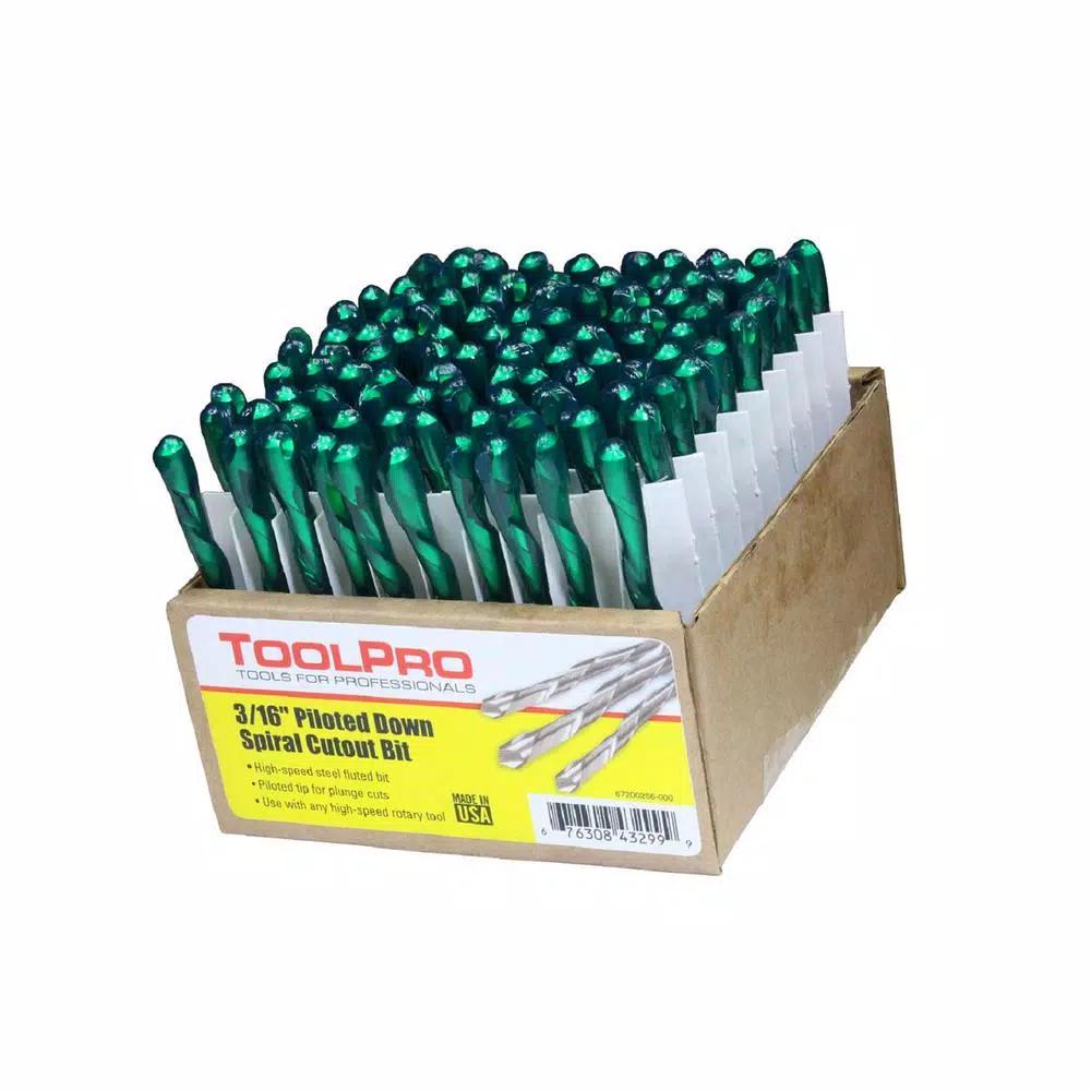 ToolPro 3/16 in. Piloted Down Spiral Cutout Bits, 100-Pack