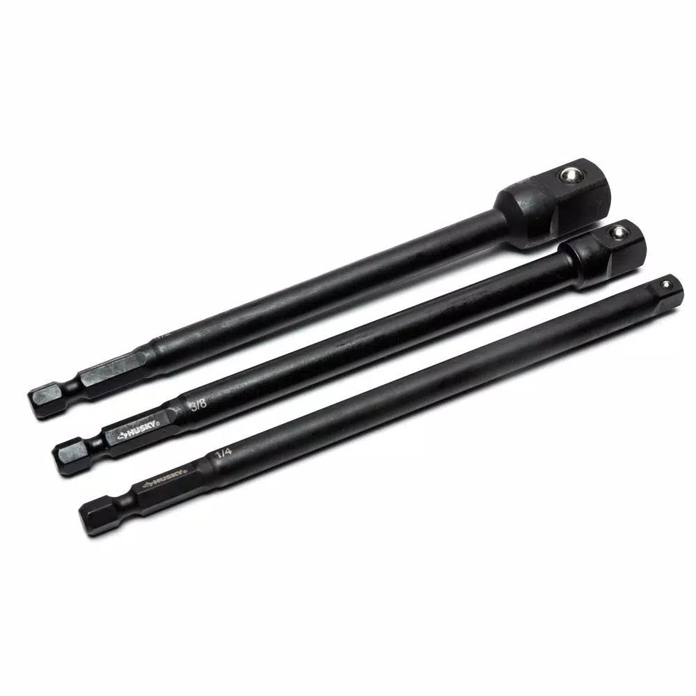 Husky 3-Piece Impact Socket Adapter Set, 1/4 in. Hex Shank to 1/4 in., 3/8 in., and 1/2 in. Drive