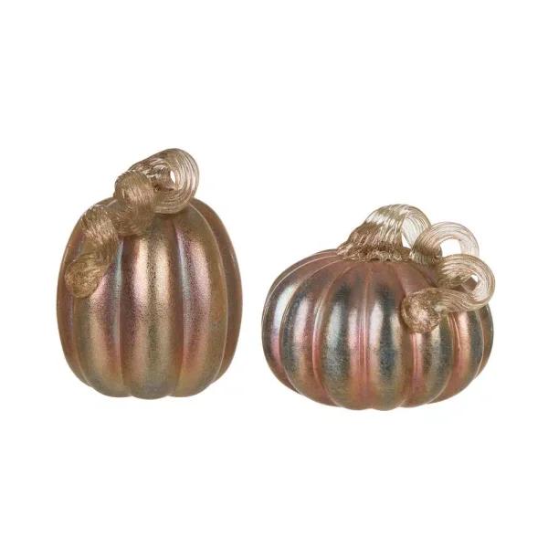 Glitzhome Blue and Gold Glittery Glass Pumpkin Set of 2 - Handmade Indoor Tabletop Decor