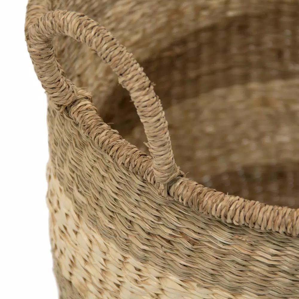 Zentique Hand Woven Seagrass and Palm Leaf Striped Medium Basket with Handles