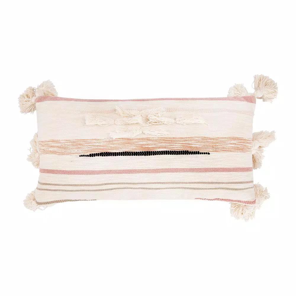 3R Studios Pink, Brown and Black Striped Kilim Throw Pillow with Tassels, 28 x 14 in.