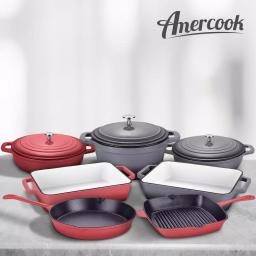 AMERCOOK LA PLURIEL 10 in. Enameled Cast Iron Nonstick Grill Pan, Red thumbnail 4