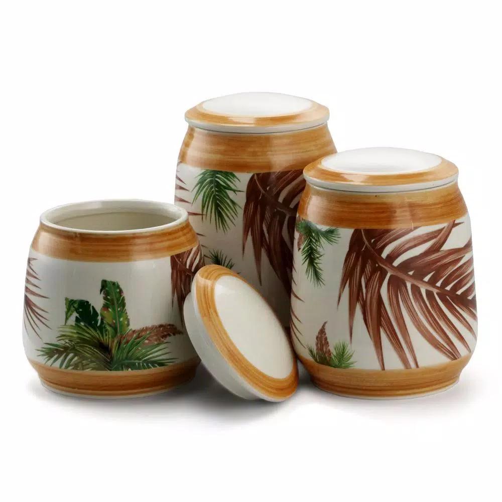 Elama Paradise Palms Sand 3-Piece Ceramic Kitchen Canister Set with Airtight Lids