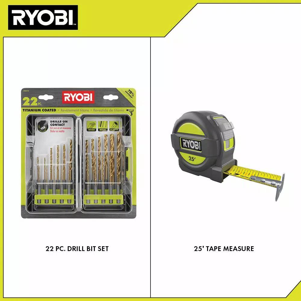 RYOBI 22-Piece Titanium Coated Drill Bit Set with Bonus 25 ft. Tape Measure
