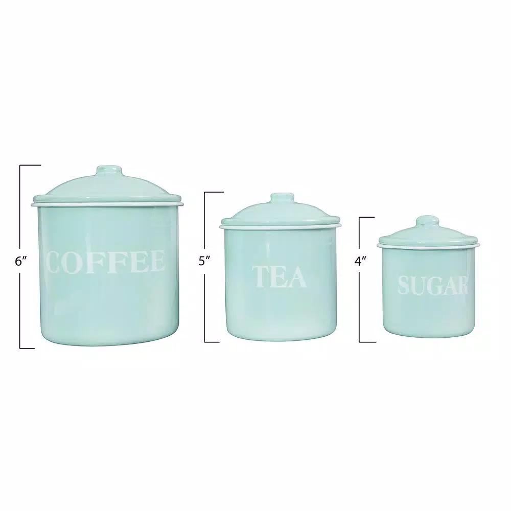 3R Studios 3-Piece Green Metal Kitchen Canister Set with Lids - Coffee, Tea, and Sugar Typography