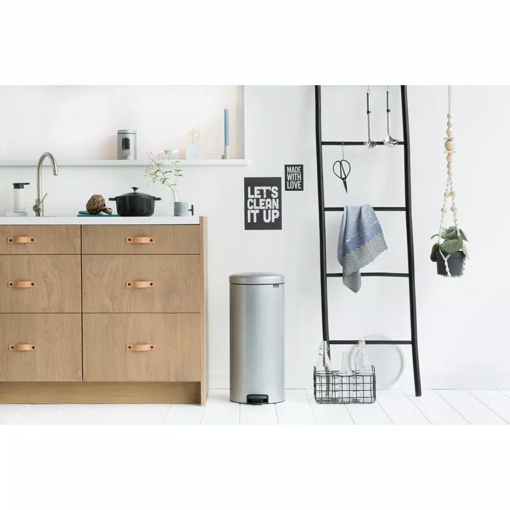 Brabantia 8 Gal. Metallic Gray Steel Step-On Trash Can with Soft-Close Lid