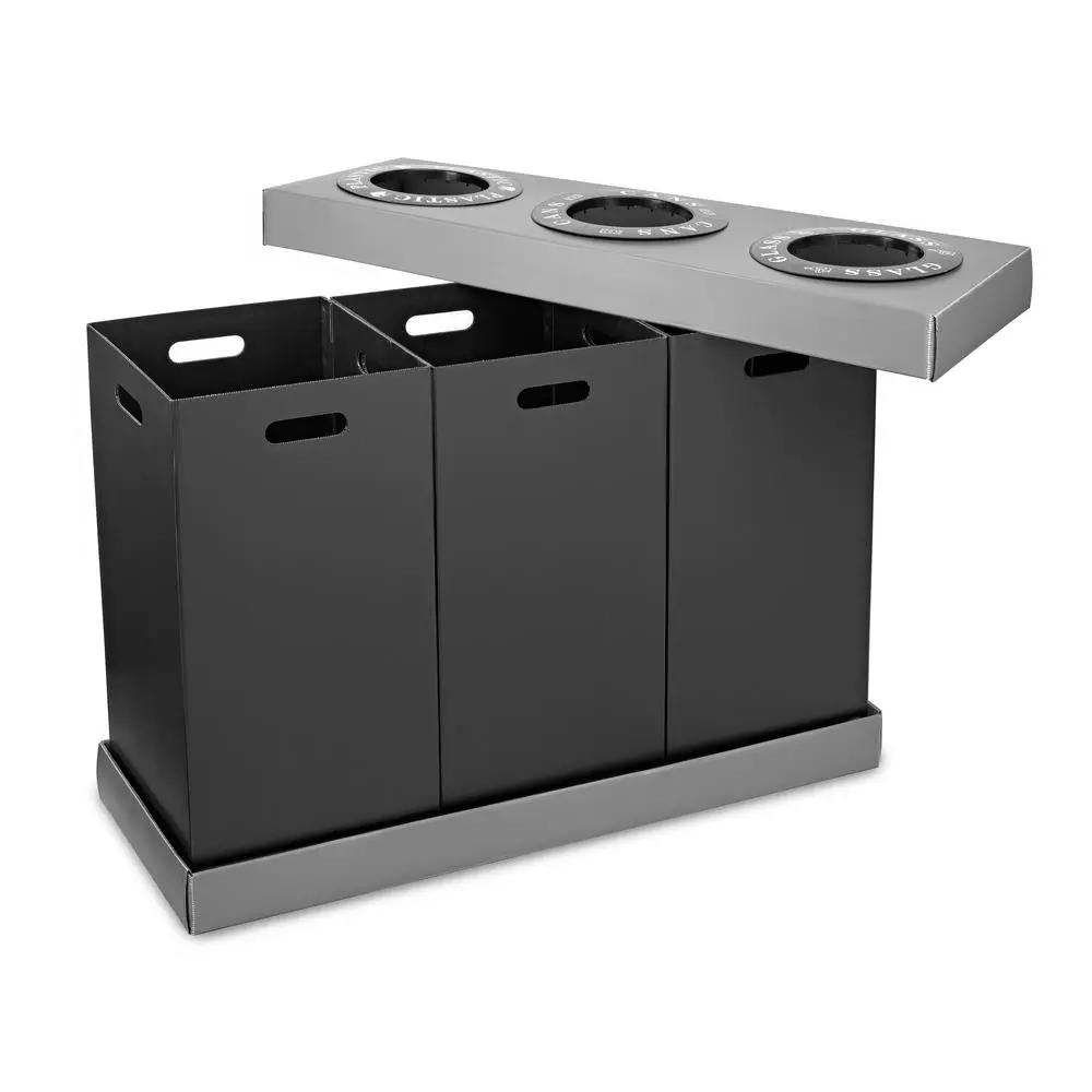 Alpine Industries 28 Gal. Black Corrugated Plastic 3-Compartment Indoor Trash and Recycling Bin
