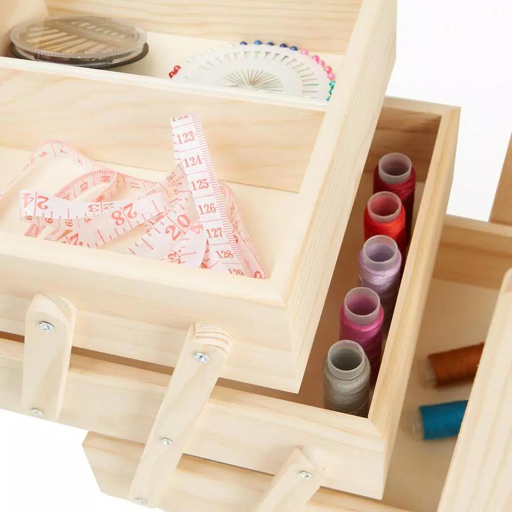 Mind Reader Wooden Sewing Kit Organizer Box for Needles, Thread, and Scissors, Brown