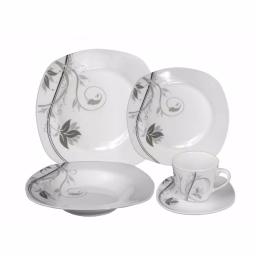Lorren Home Trends 16-Piece Square Porcelain Dinnerware Set, Service for 4, Matte Silver and Black Floral Design thumbnail 1