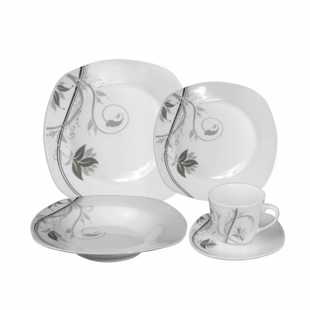 Lorren Home Trends 16-Piece Square Porcelain Dinnerware Set, Service for 4, Matte Silver and Black Floral Design