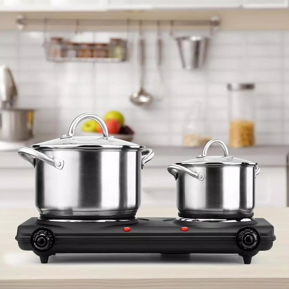 Continental Electric Portable 2-Burner Black Hot Plate with Cast Iron Plates and Adjustable Temperature Controls