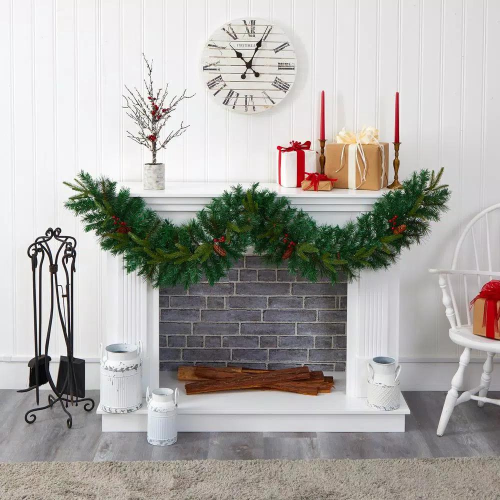 Nearly Natural 6 ft. Pre-lit Mixed Pine Artificial Christmas Garland with LED Lights, Berries and Pinecones