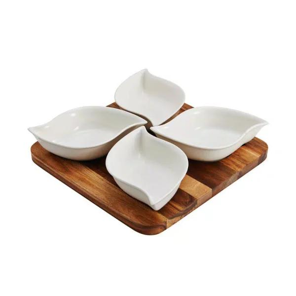Pfaltzgraff 10 in. 5-Piece Acacia Wood Serving Tray with 4 White Ceramic Bowls