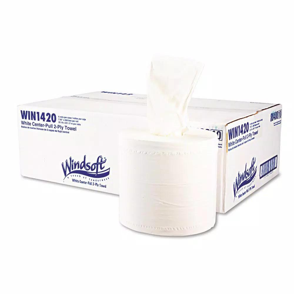 Windsoft Center-Flow Perforated Paper Towel Rolls, 2-Ply White, 8 x 13.5 in (6 Rolls per Carton)