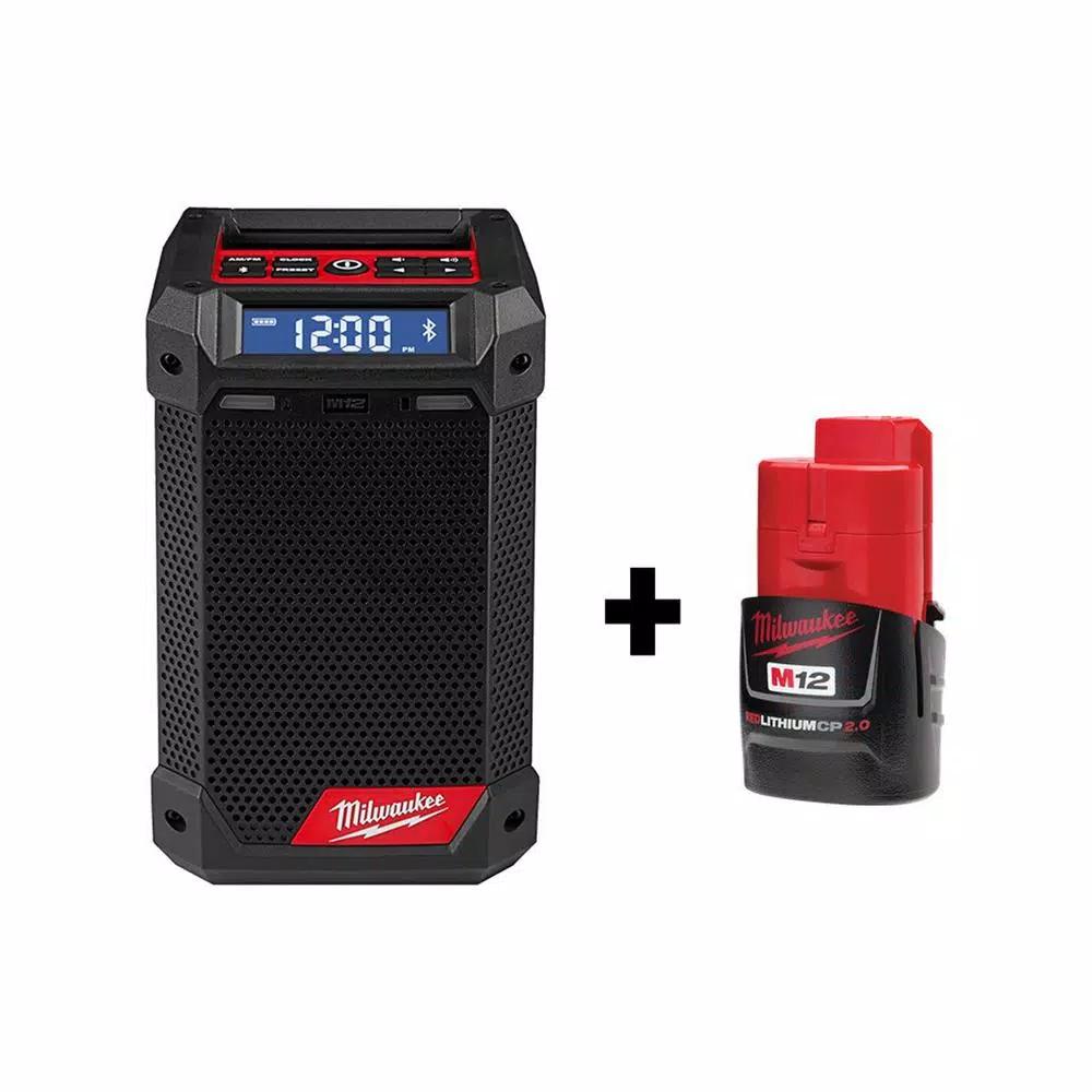 Milwaukee M12 12V Lithium-Ion Cordless Bluetooth/AM/FM Jobsite Radio with Charger and 2.0Ah Battery