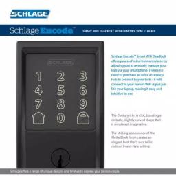 Schlage Encode Smart Wi-Fi Deadbolt with Camelot Handleset and Georgian Knob, Matte Black thumbnail 4