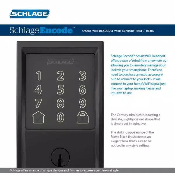 Schlage Encode Smart Wi-Fi Deadbolt with Camelot Handleset and Georgian Knob, Matte Black