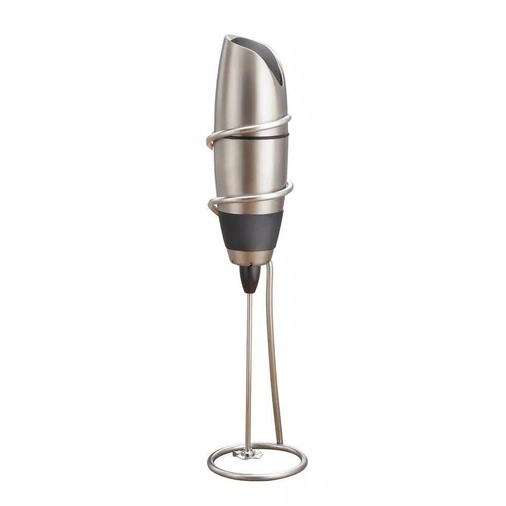 BonJour Black Stainless Steel Battery-Powered Milk Frother with Chrome Stand