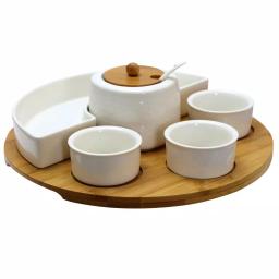 Elama Signature Collection 8-Piece Stoneware Appetizer Serving Set with Bamboo Lazy Susan Tray thumbnail 1